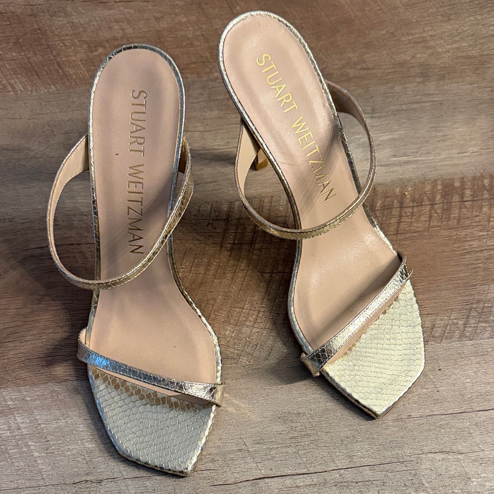 Stuart Weitzman Gold and Cream Strappy Mid-Heel Sandals